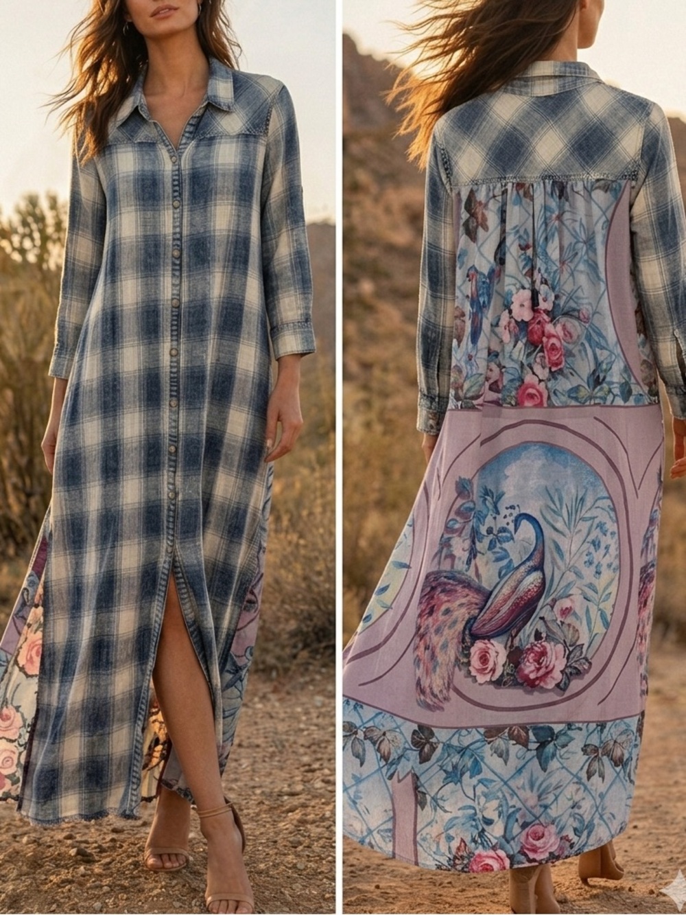 Aratta Silent Journey Plaid Bird Back Panel Floral Beaded Duster Maxi Dress